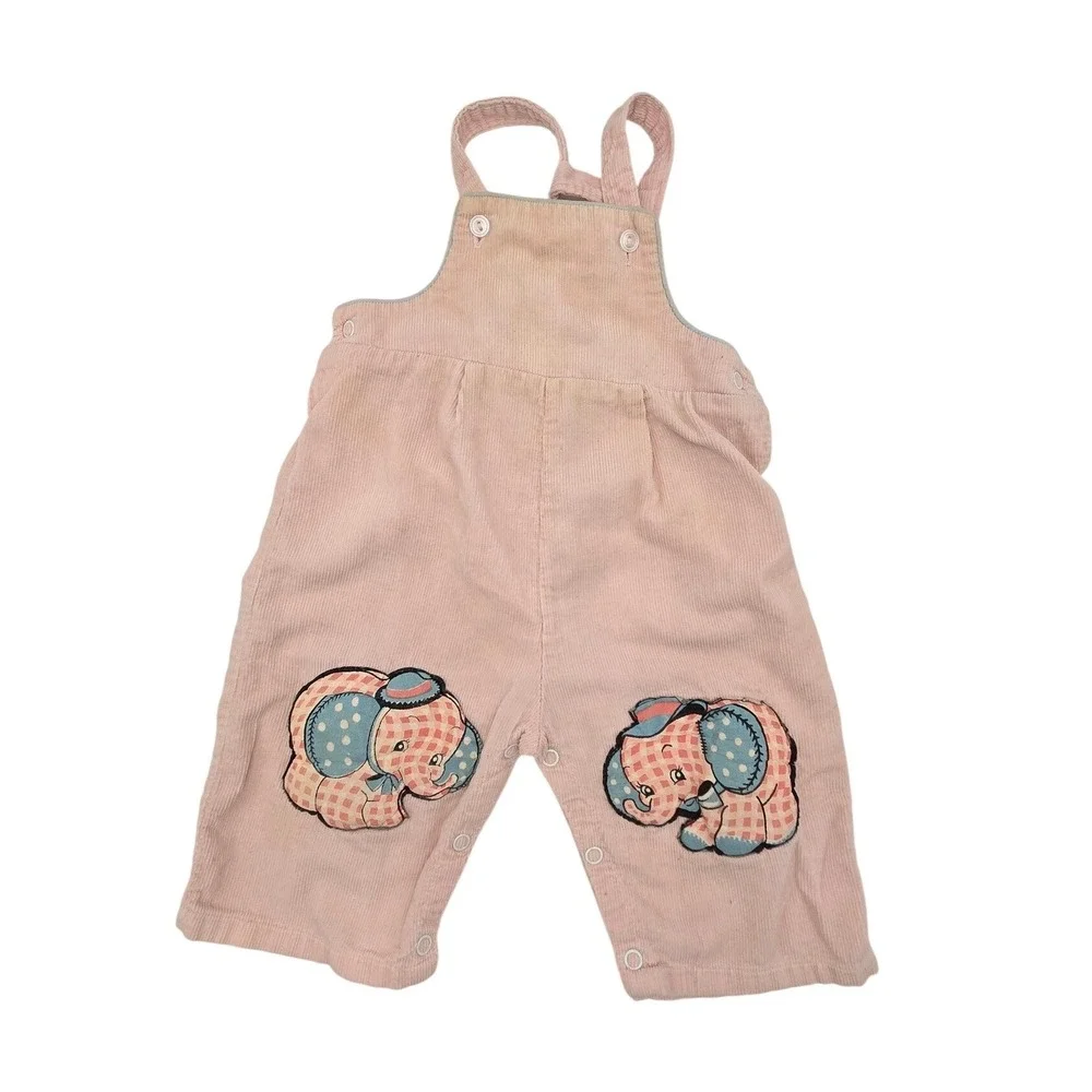 Vintage Pink Corduroy Elephant Patch Overalls Kids Bib Snaps Retro Style